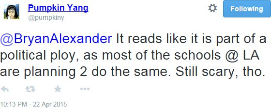 Cathy Yang's tweet: "It reads like it is part of a political ploy, as most of the schools @ LA are planning 2 do the same. Still scary, tho."