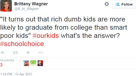 Tweet from Brittany Wagner: "@B_M_Wagner "It turns out that rich dumb kids are more likely to graduate from college than smart poor kids" #ourkids what's the answer? #schoolchoice"
