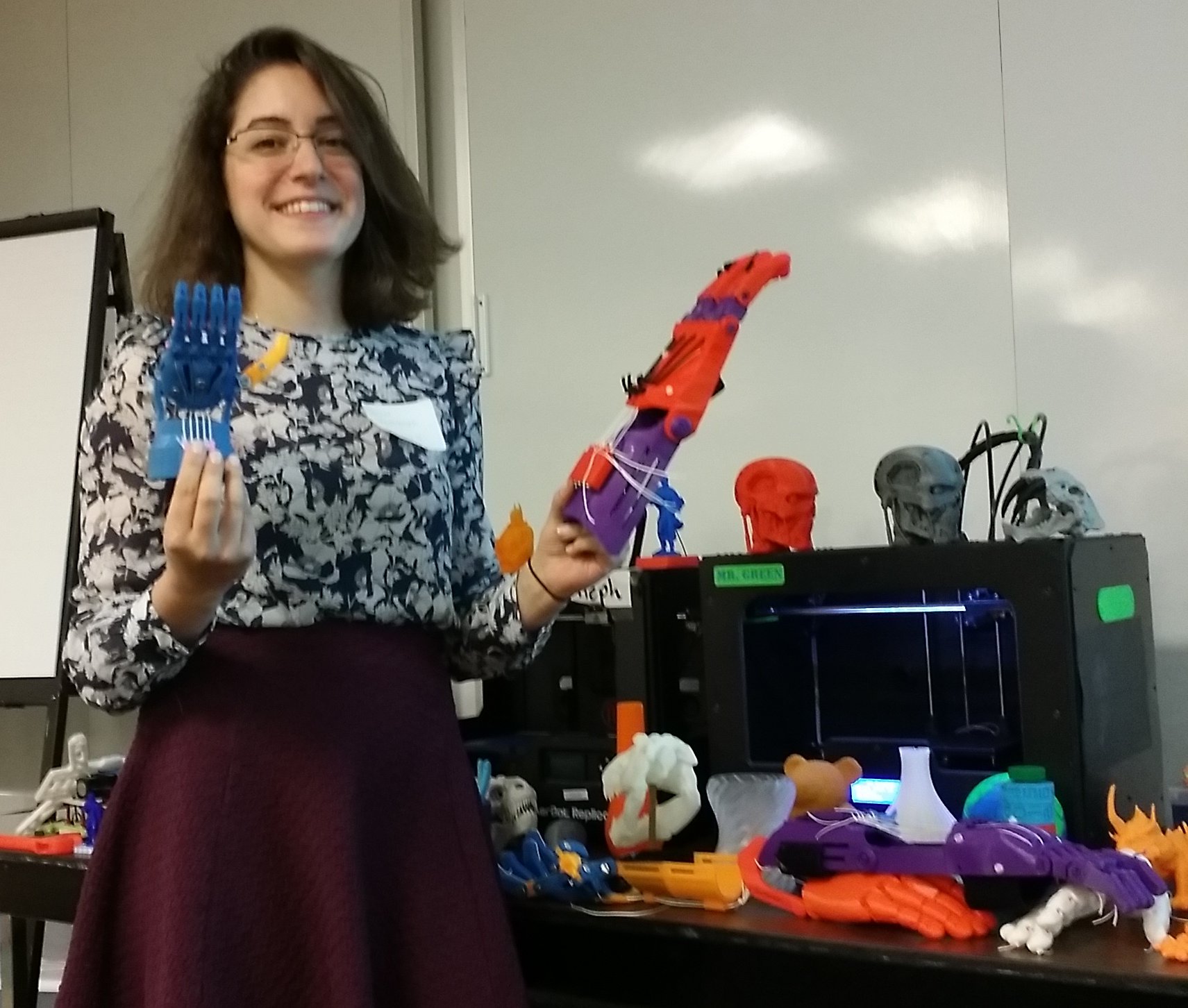 Hazal Uzunkaya shows off some Brandeis MakerLab products.