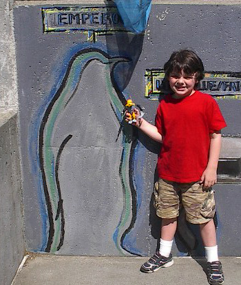 Outlines and scales, with penguin, boy, and Bionicle
