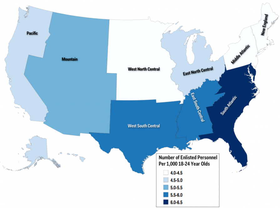 "State-by-state enlistment rates, grouped into regional subsets."