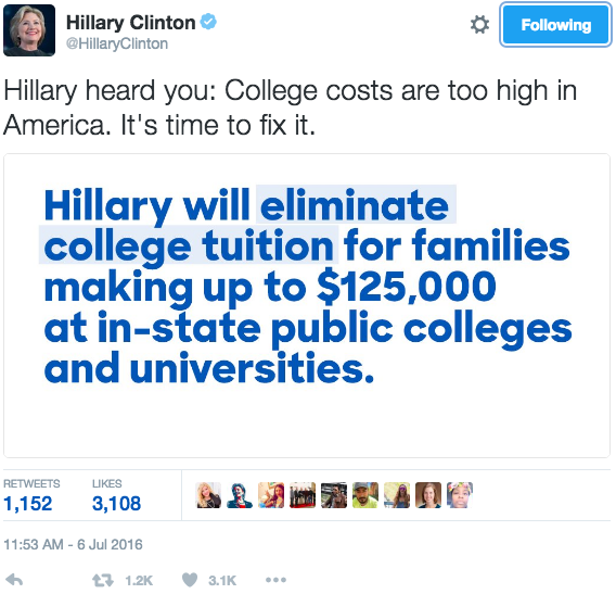 "Hillary heard you: College costs are too high in America. It's time to fix it."