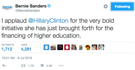 "I applaud @HillaryClinton for the very bold initiative she has just brought forth for the financing of higher education."