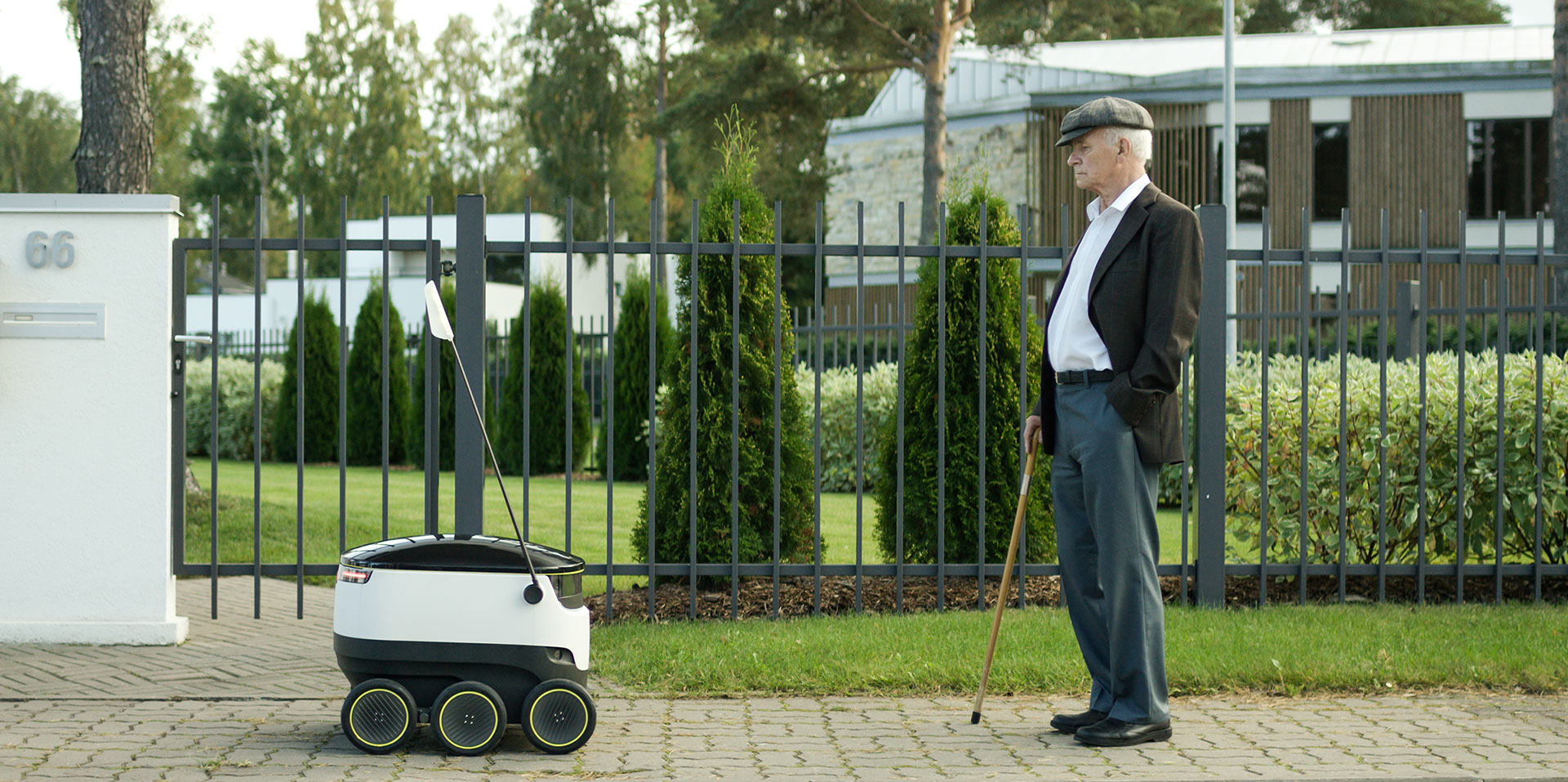 Delivery bot and an older gentlemen.