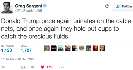 Greg Sargent: "Donald Trump once again urinates on the cable nets, and once again they hold out cups to catch the precious fluids."