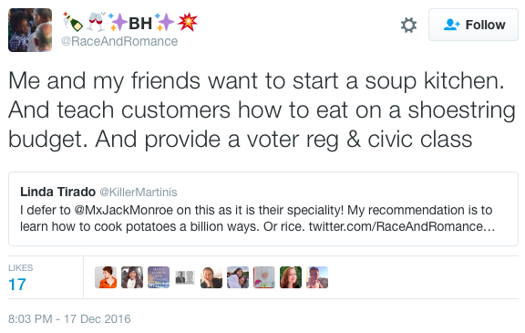Starting a soup kitchen; RaceAndRomance tweet