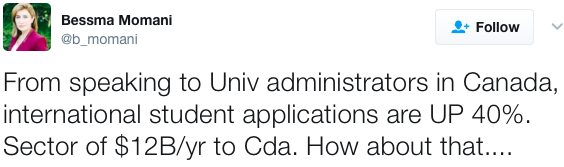 "From speaking to Univ administrators in Canada, international student applications are UP 40%. Sector of $12B/yr to Cda. How about that...."