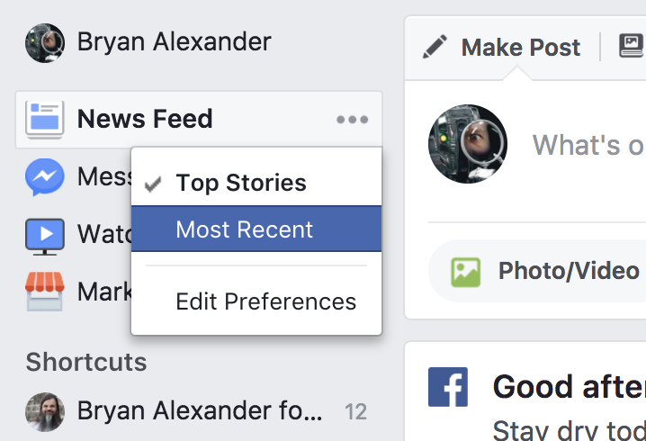 Facebook settings: top stories or most recent?