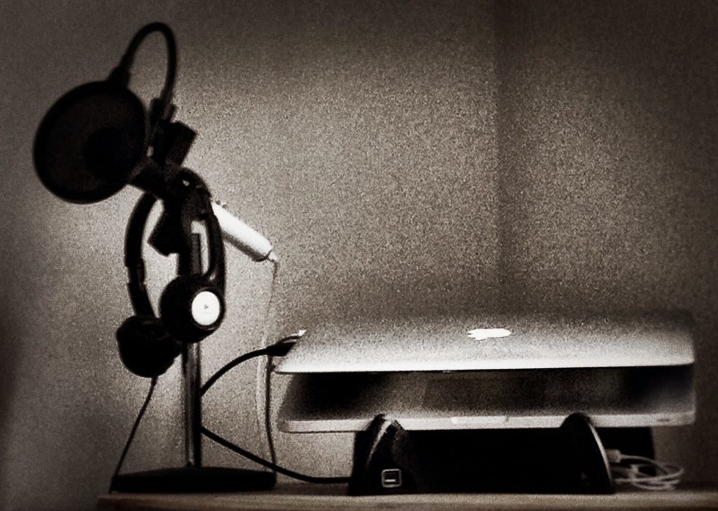 podcast setup in black and white