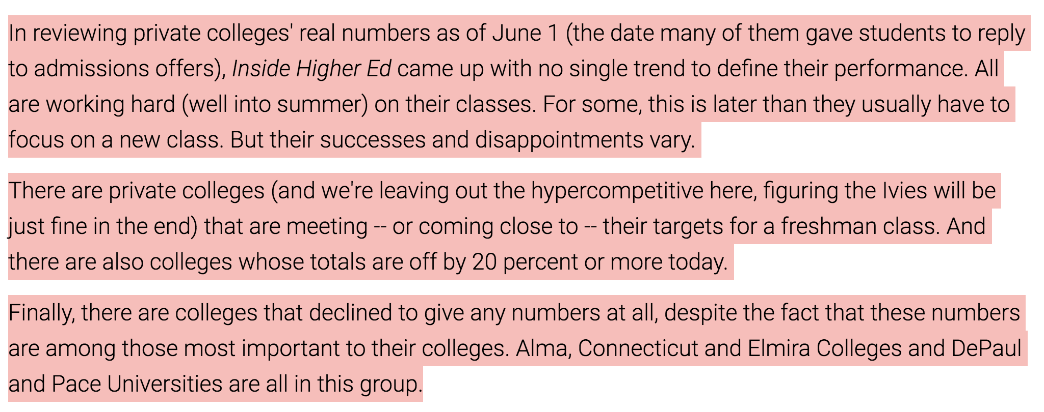 IHE private college enrollments 2020 June 8