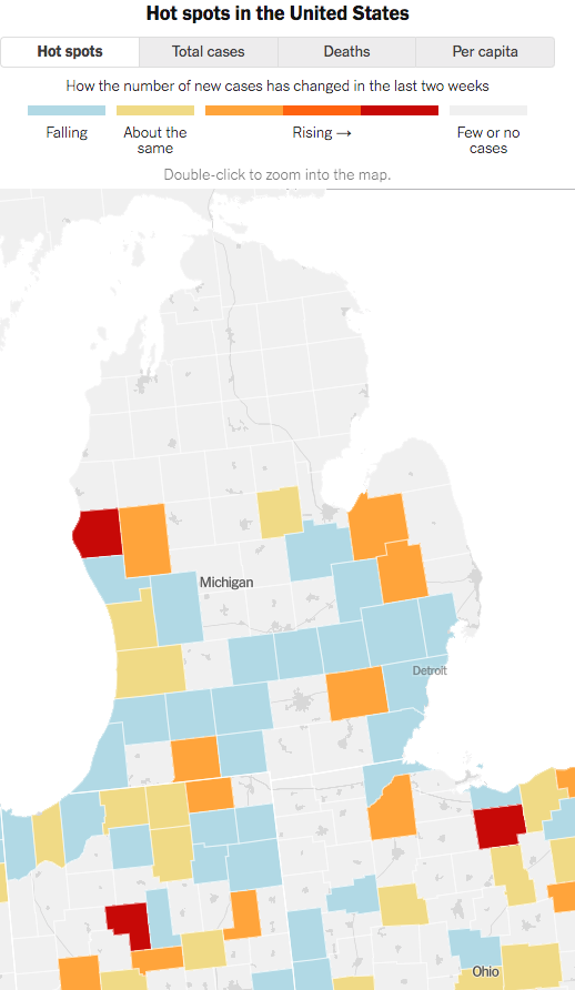 coronavirus Michigan spread by county 2020 June 23_NYT