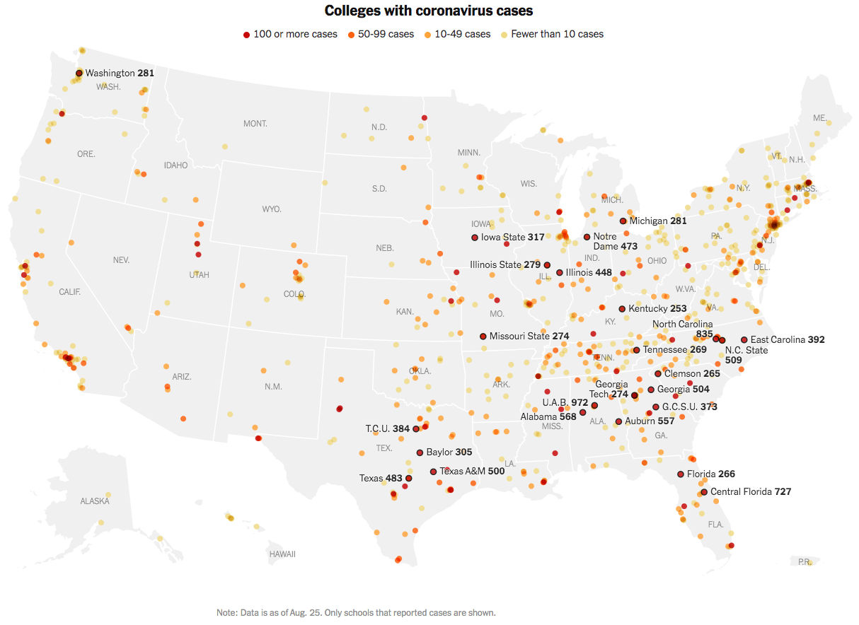 coronavirus college cases 2020 Aug 25_NYT