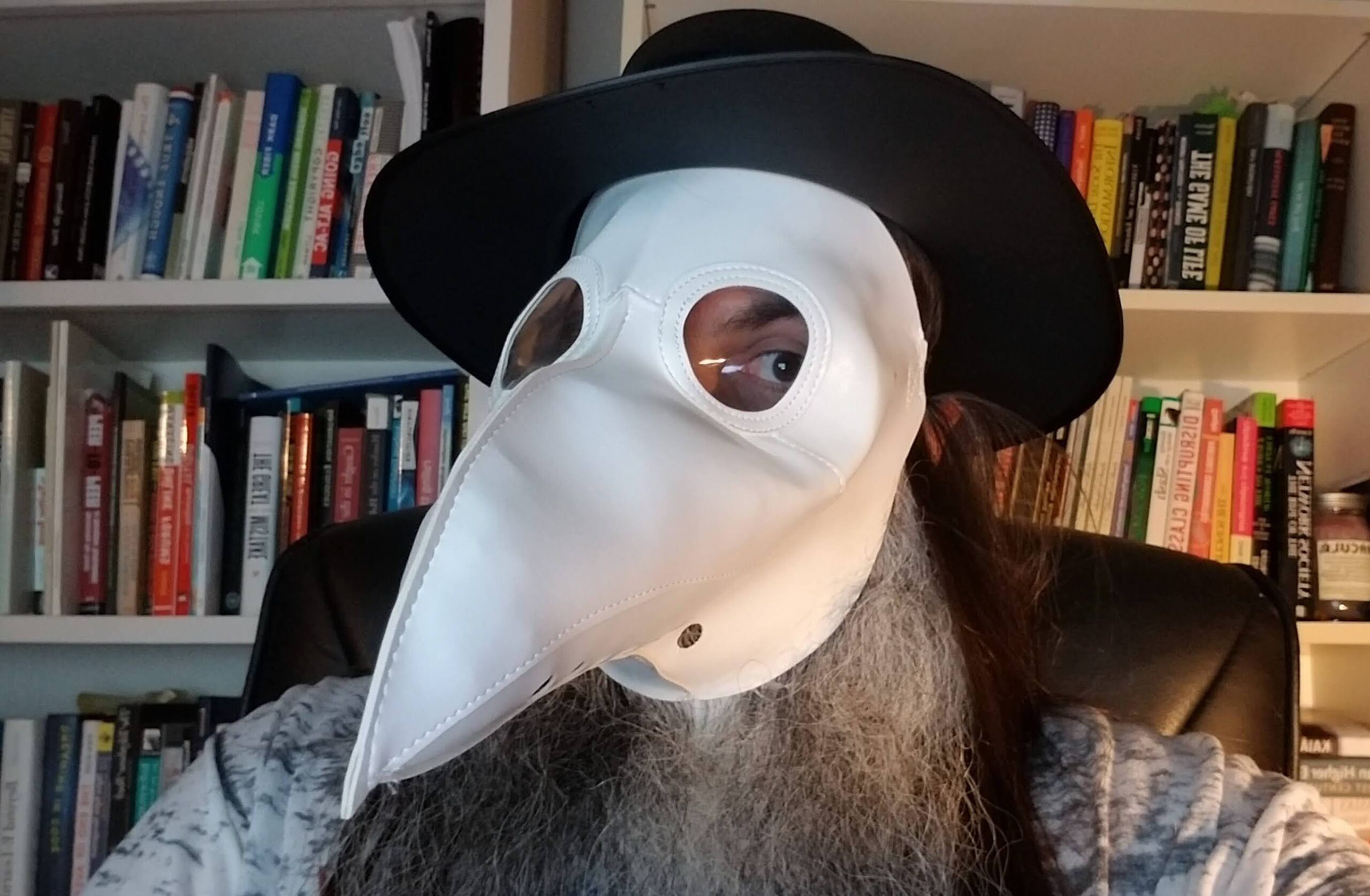 Bryan with plague doctor mask in office