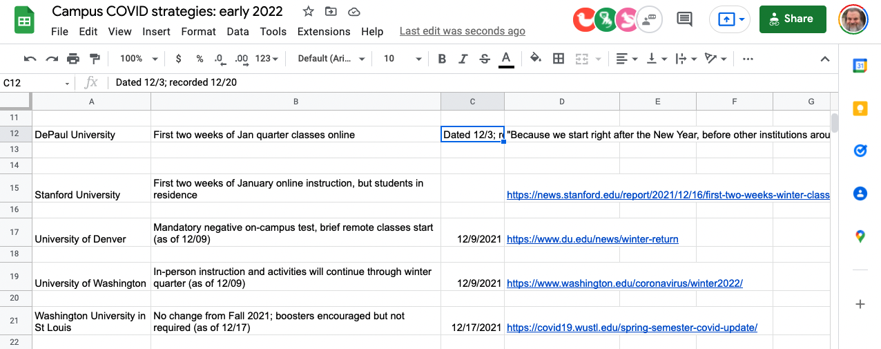 coronavirus: spreadsheet of college and university plans for 2021 January