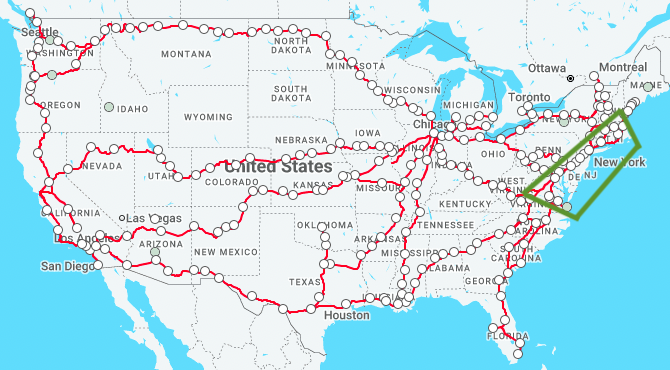 Amtrak US map -stations with a day's travel