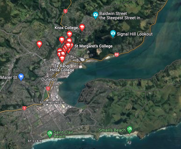 New Zealand Dunedin colleges and universities - Google Maps