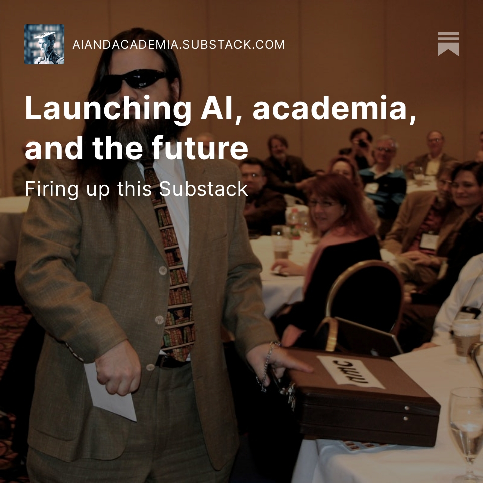 From my AI Substack first post: me wearing a suit and sunglasses, bringing a briefcase