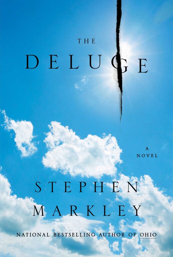 Markley's The Deluge cover: cloudy skies with a sharp black tear