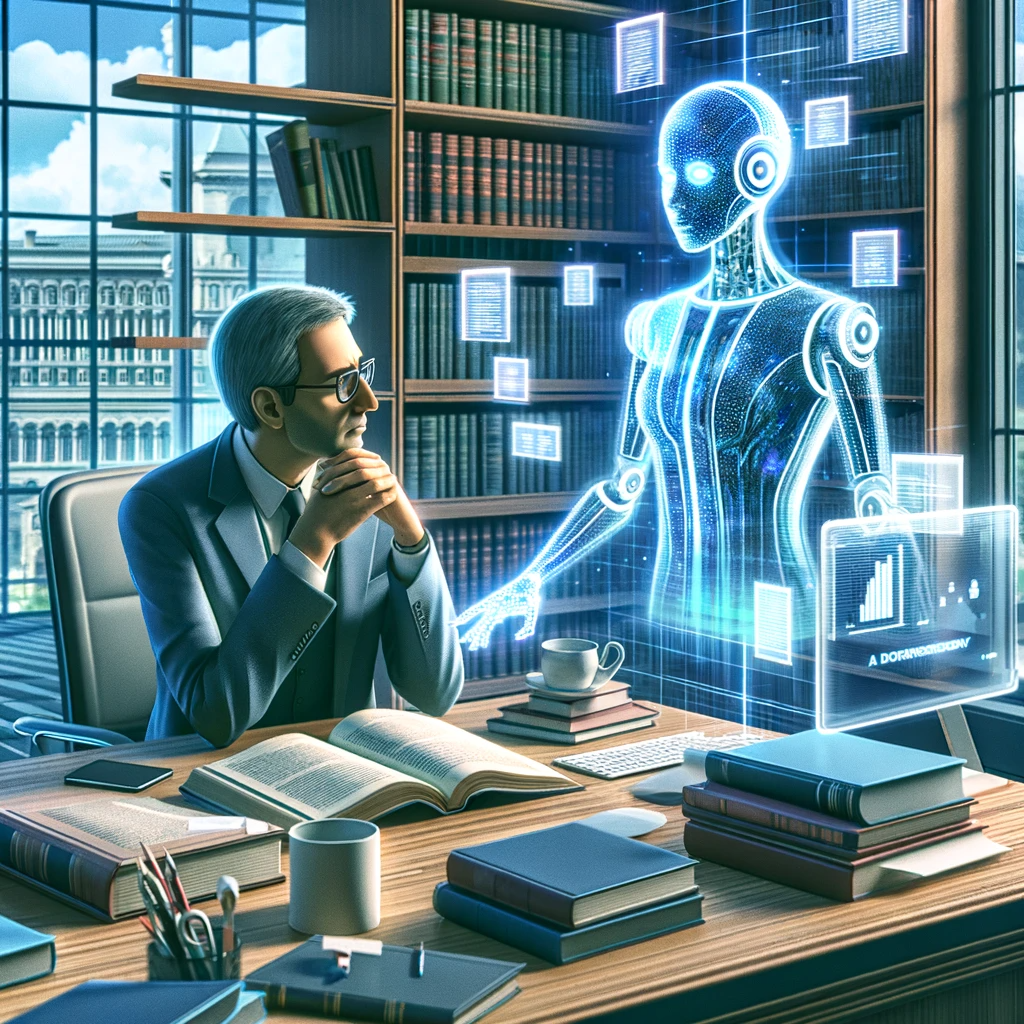 A bearded college prof works with an AI.