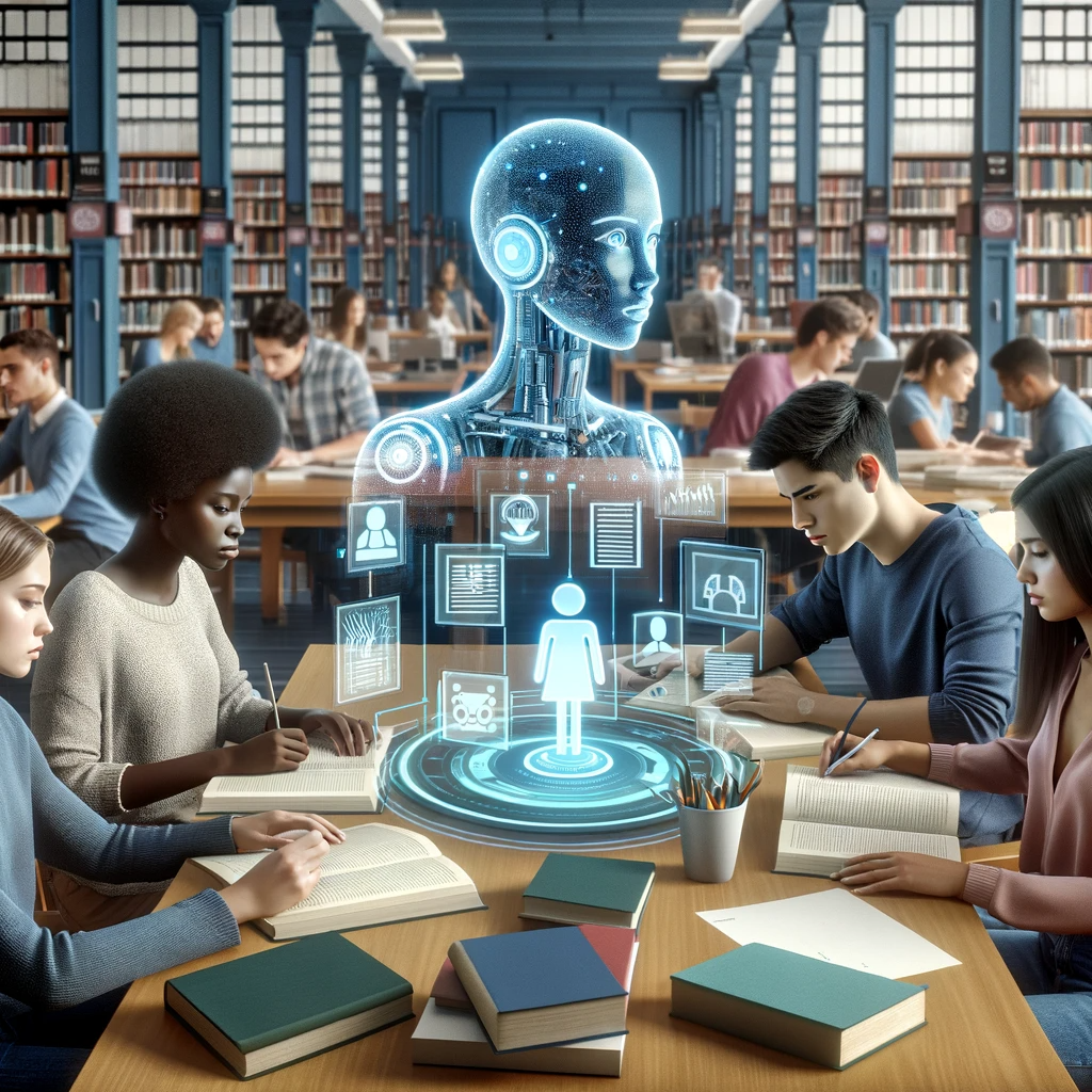 university students working with an AI to create an annotated bibliography in a library setting