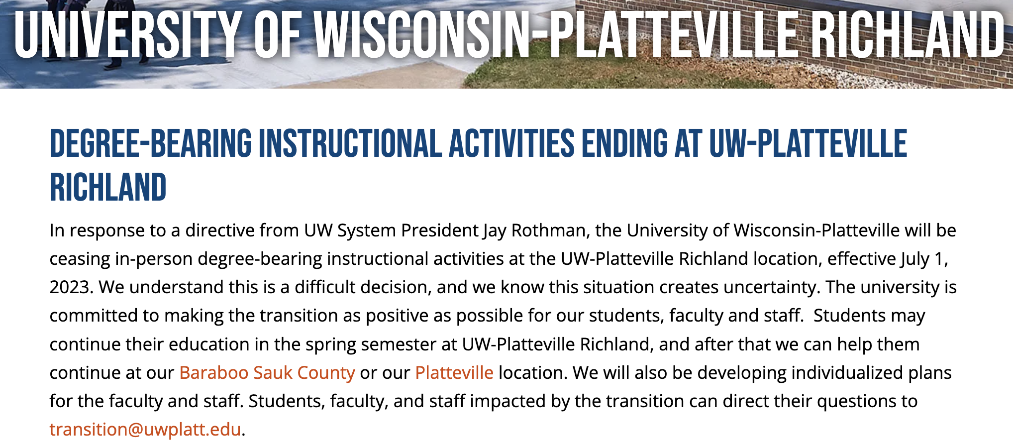 University of Wisconsin-Platteville closing