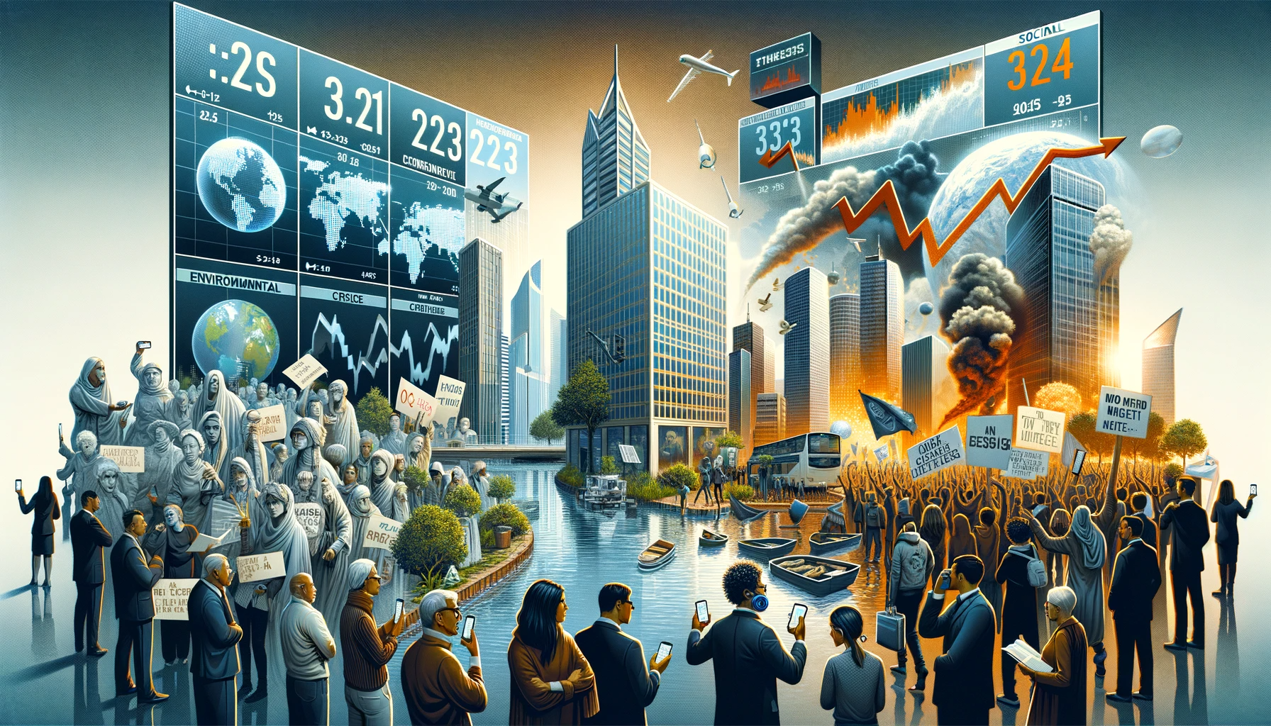 A polycrisis with a crowd, cityscape, and storms