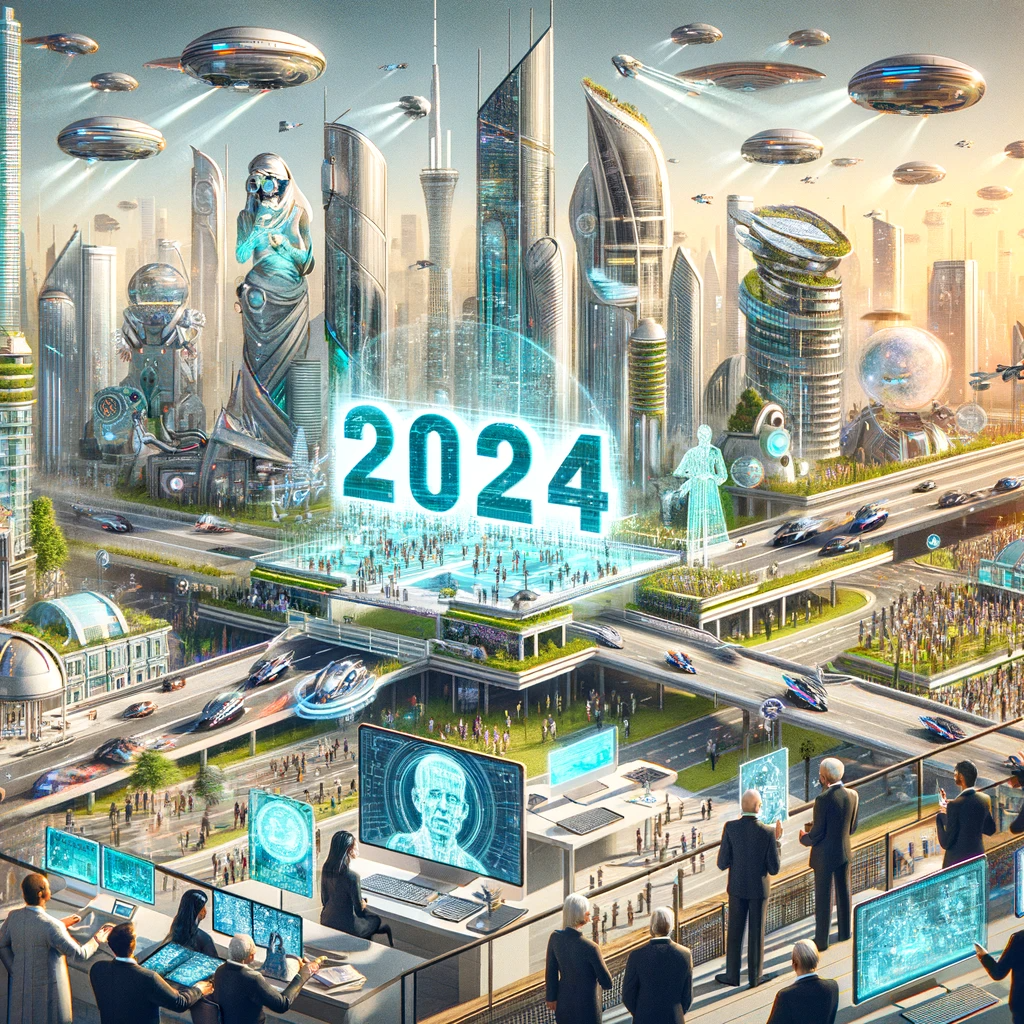 DALL·E 2023-12-27 21.50.28 - A futuristic vision of the year 2024, with a bustling cityscape and advanced technology like flying cars and holographic displays. The architecture is
