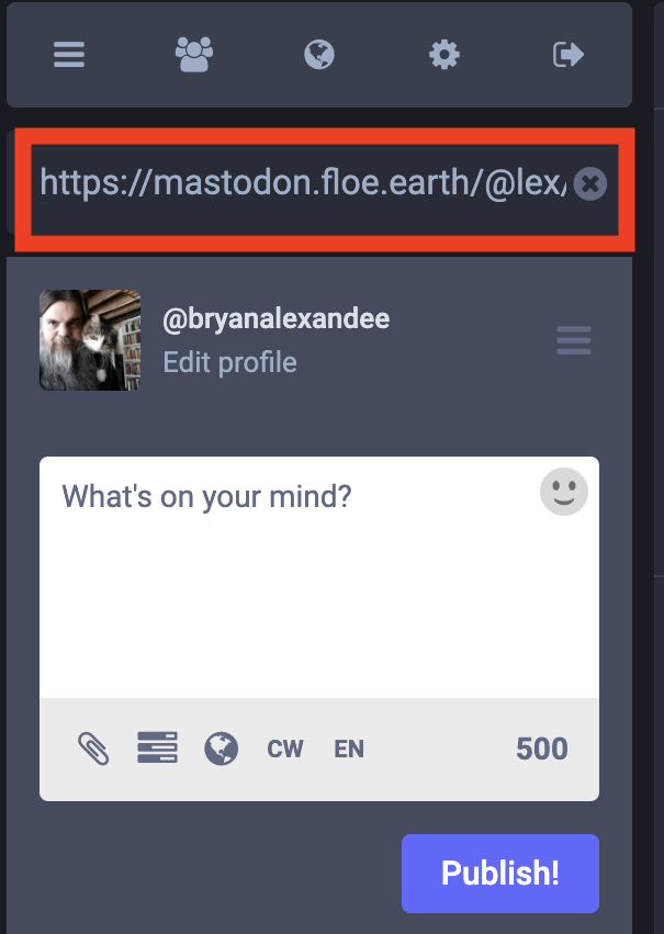 Mastodon search box with a URL crammed into it
