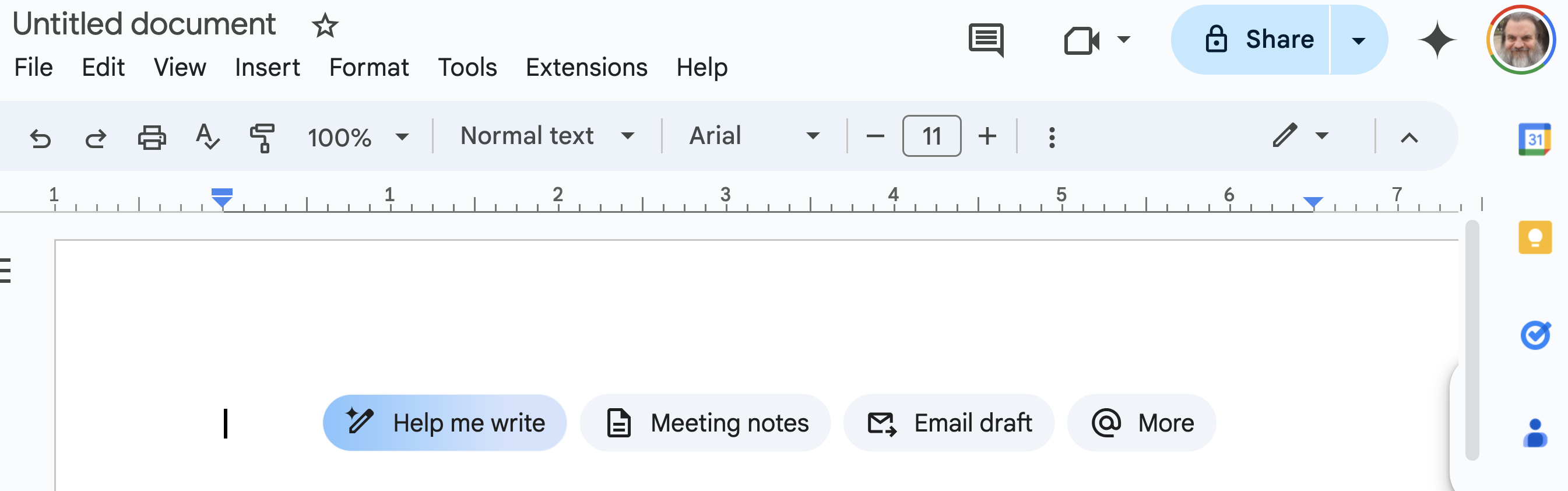 Google Doc blank page with AI helping tools