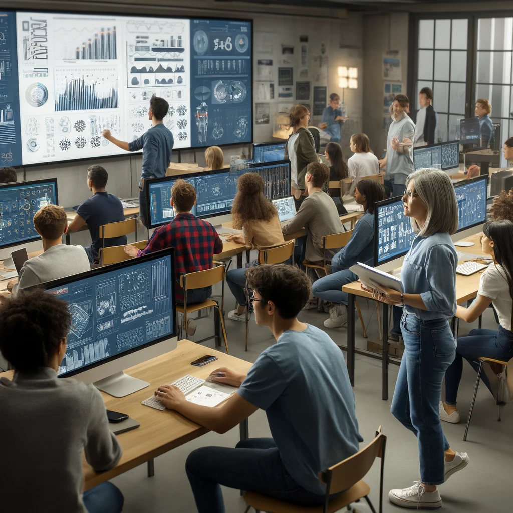 DALL·E imagines a university classroom setting showing students and a professor engaged in a simulation design exercise. The room is equipped with computers and large