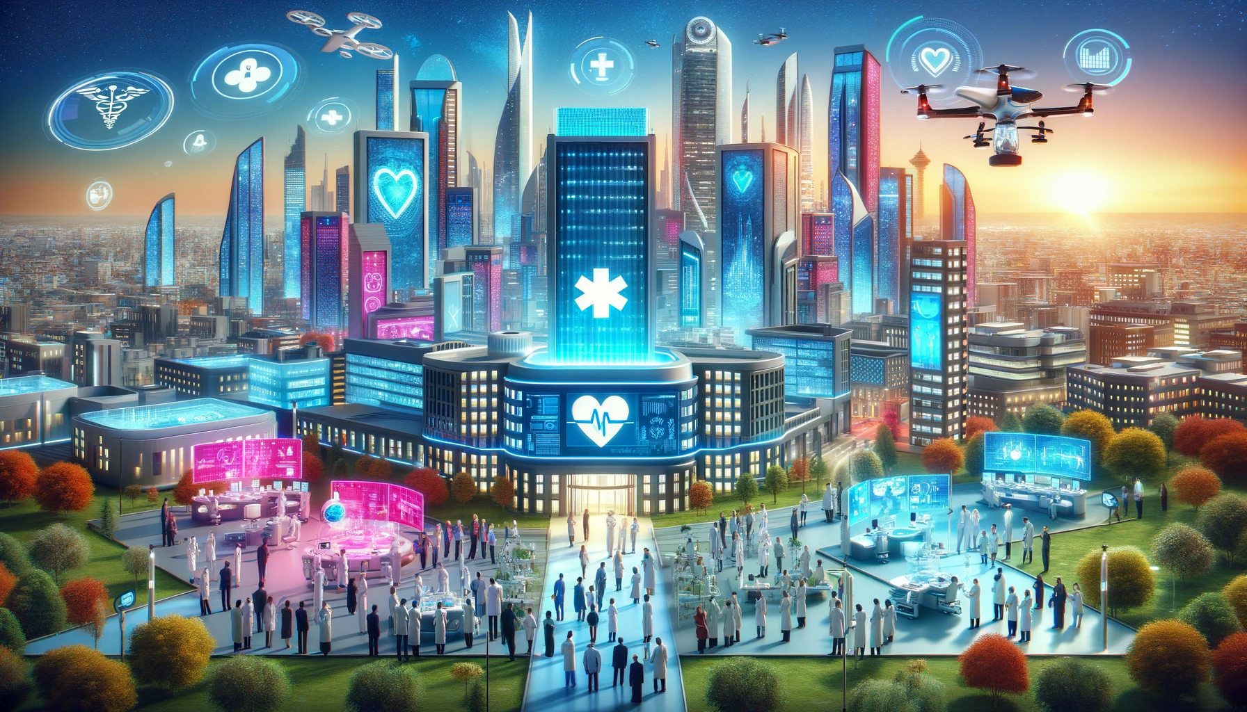 DALL·E 2024-05-06 15.23.36 - A vibrant, futuristic cityscape showing healthcare as the leading sector of the economy. In the foreground, there is a large hospital with a prominent