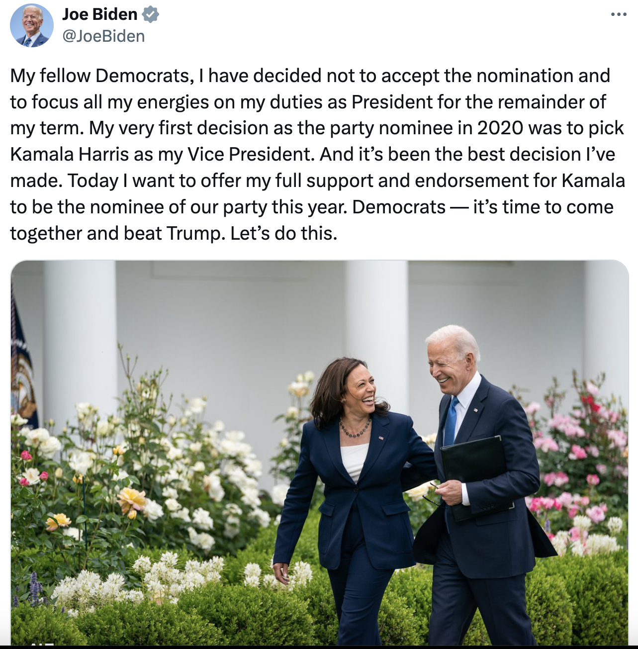 Biden endorses Harris on Twitter X