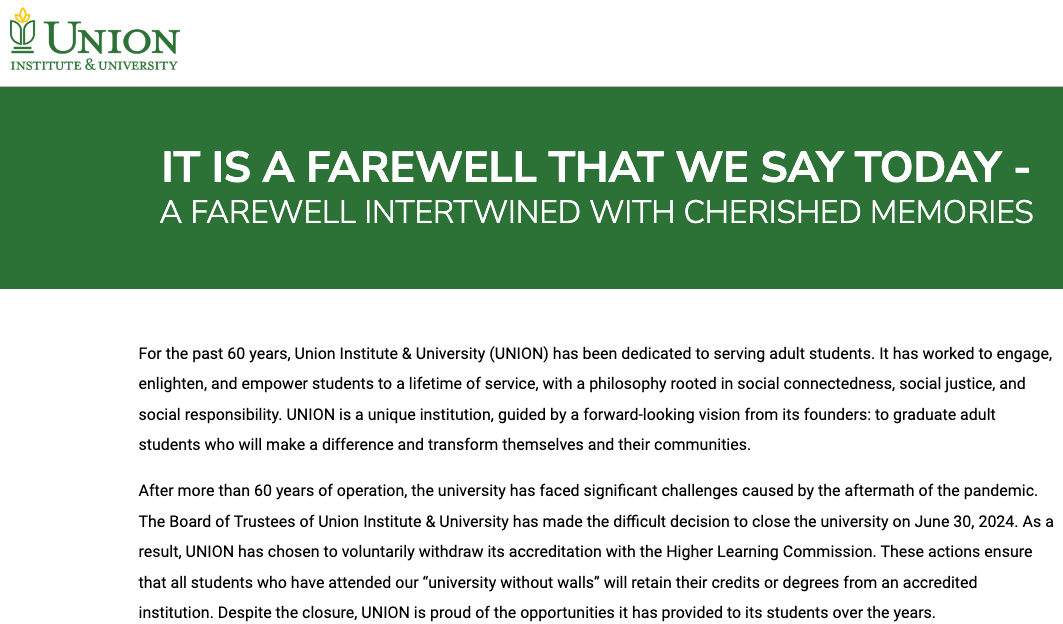 Union Institute and University farewell web message