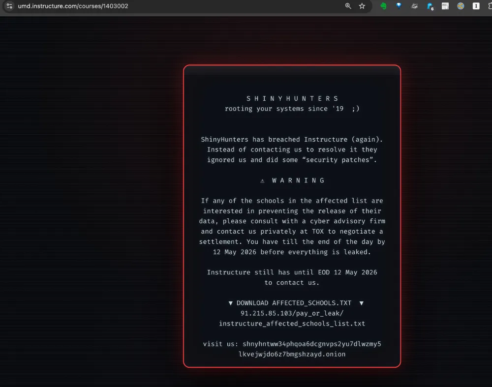 Instructure Shinyhunters hack page 2026 May